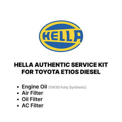 Hella Service Kit for Toyota Etios Diesel – Fully Synthetic Engine Oil, Oil Filter, AC Filter & Air Filter