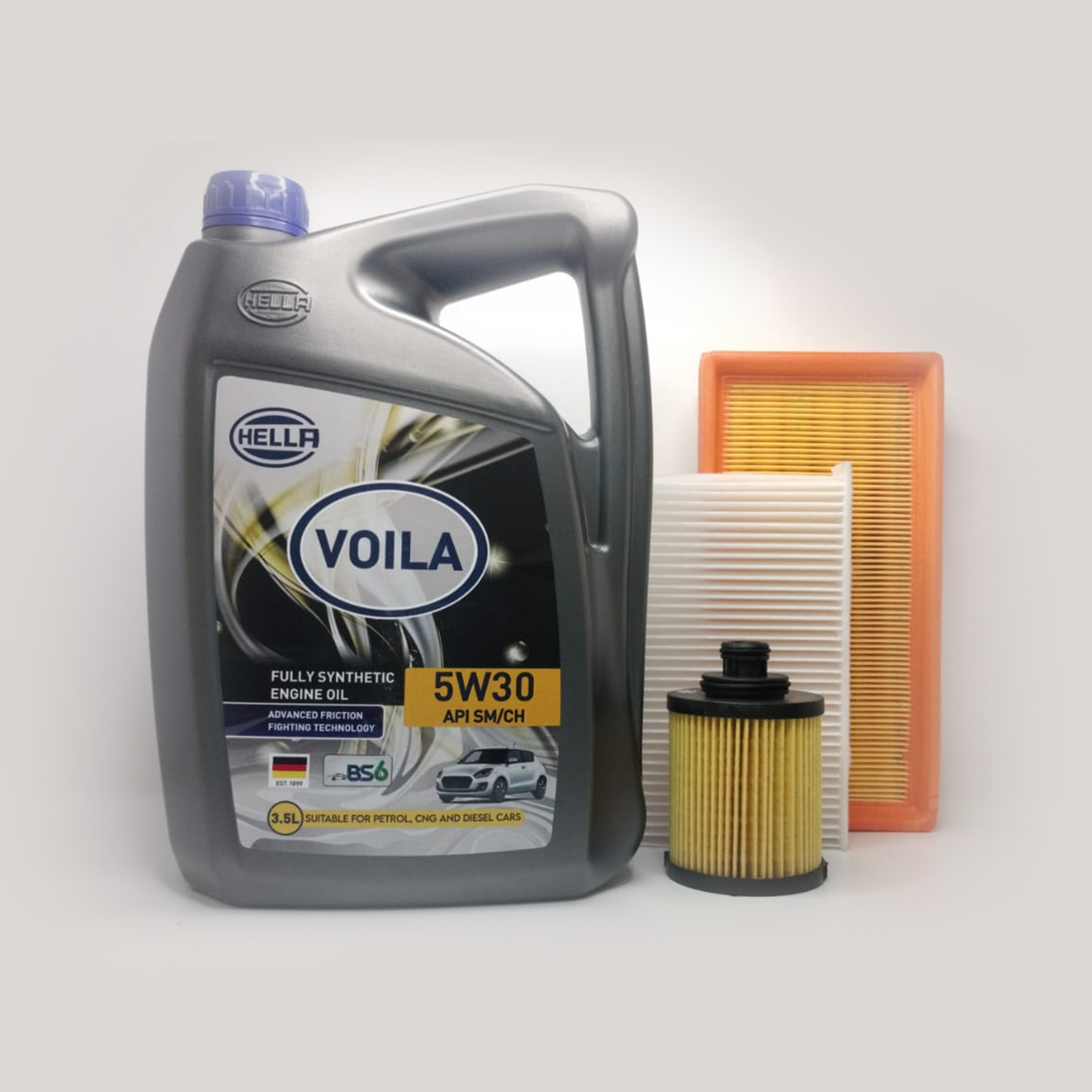 Hella Service Kit for Maruti Swift Diesel – Fully Synthetic Engine Oil, Oil Filter, AC Filter & Air Filter